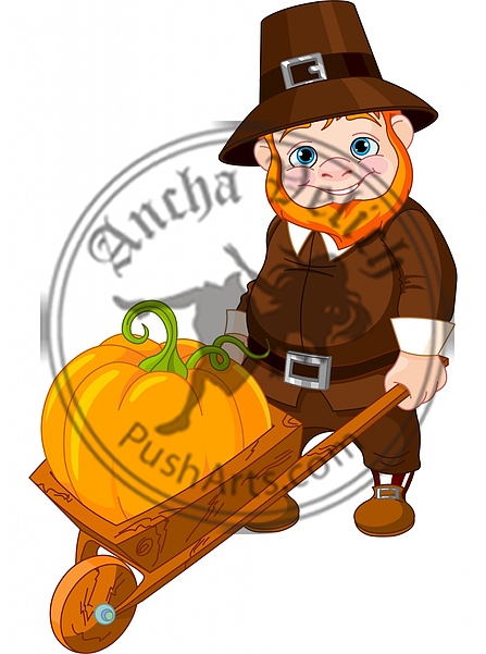 Cute pilgrim with wheelbarrow