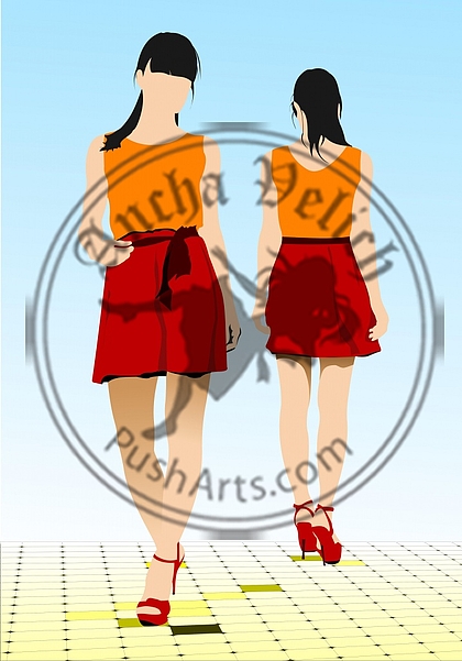 Two girls walking along the street. Colored Vector illustration