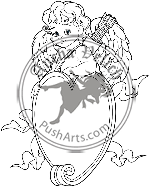 Cupid Over a Heart Shape Sign. Coloring Page