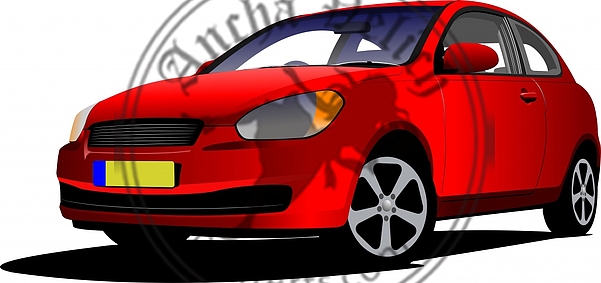 Red car sedan on the road. Vector illustration