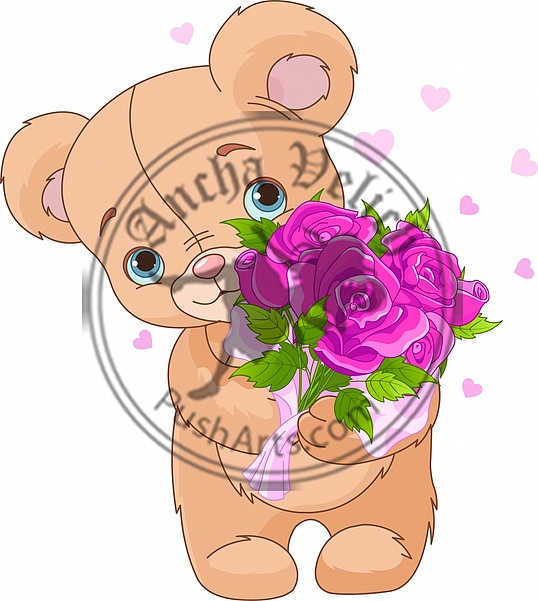 Teddy bear giving bouquet