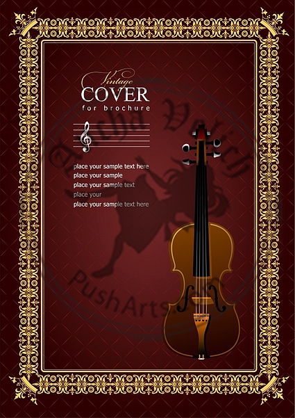 Gold ornament on brown background withviolin image. Can be used Gold ornament on brown background withviolin image. Can be used