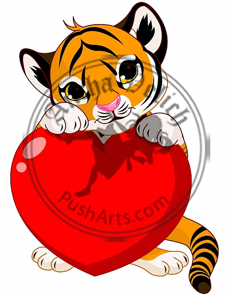 Cute tiger cub holding heart