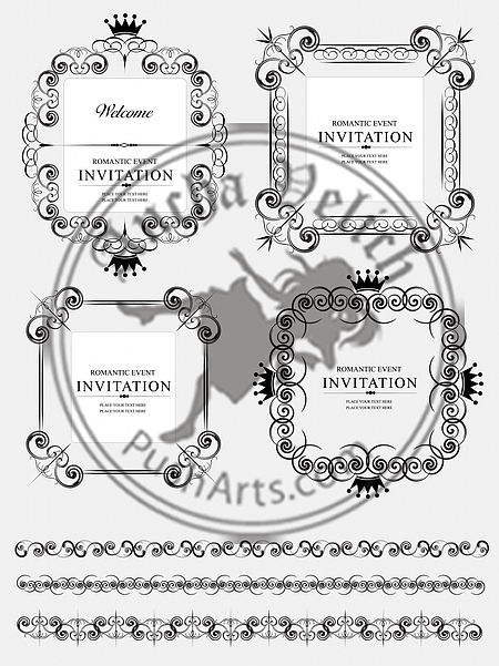 Collection of vector frames and ornaments with sample text.