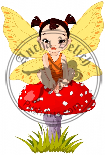 Cute Asian Baby Fairy On Mushroom