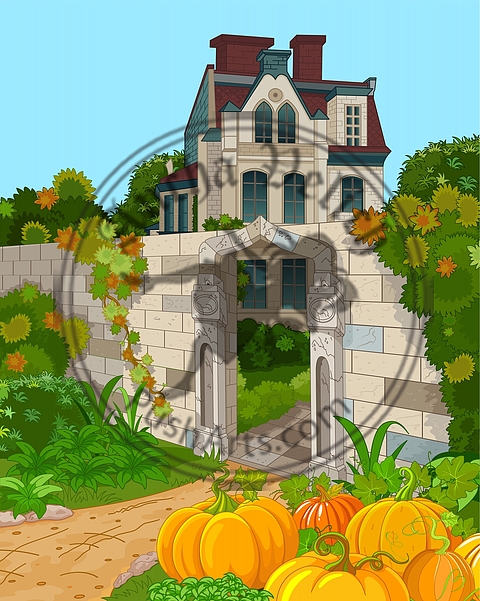 Victorian House FaÃ§ade and Pumpkins