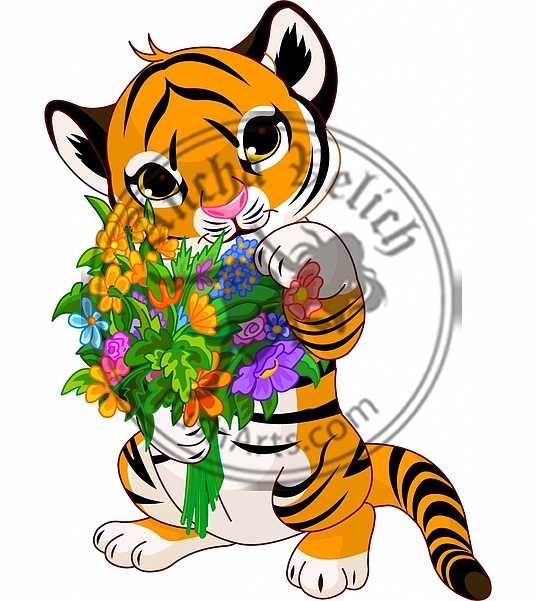 Cute tiger cub with flowers