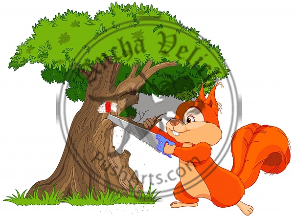 Funny squirrel saws tree branch