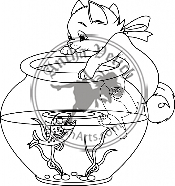 Kitten and fish. Coloring page