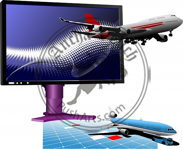 Blue dotted background with Flat computer monitor with passenger