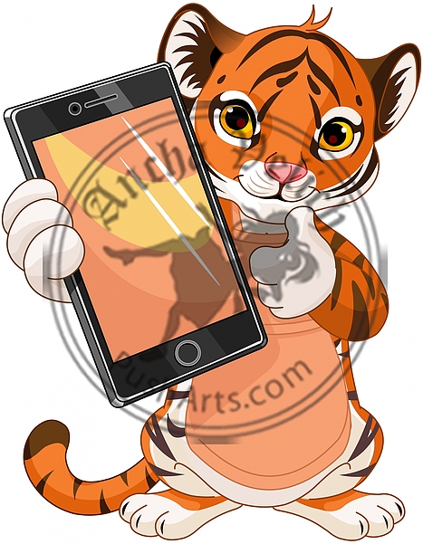 Cute Tiger holding tablet