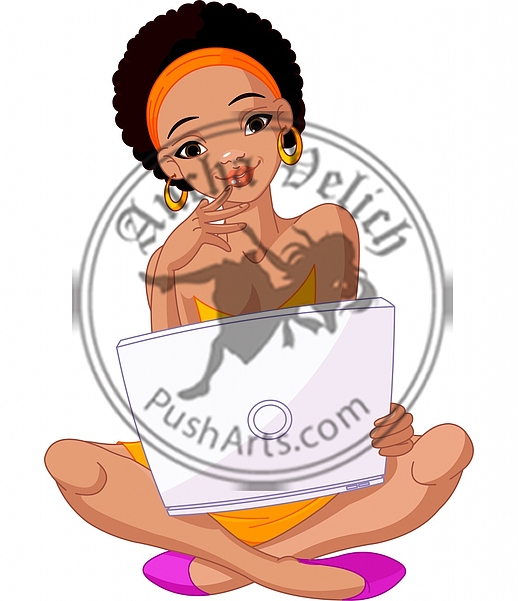 Young African woman sitting on cushion with laptop