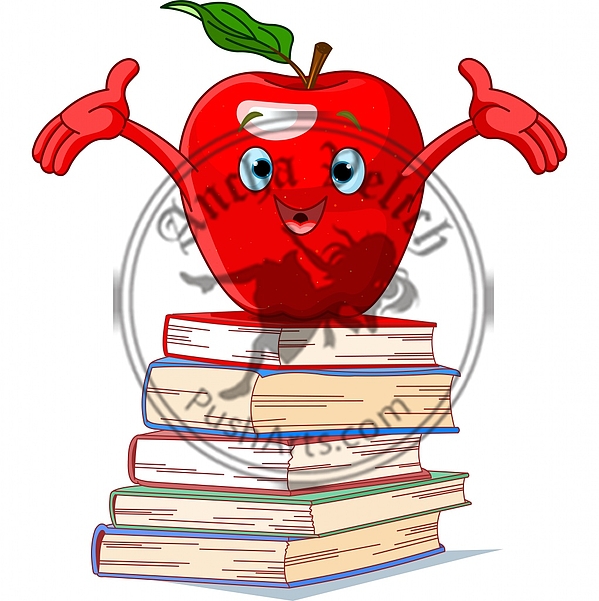 Apple character on pile of books