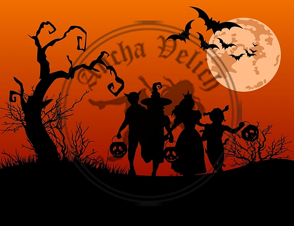 Halloween background with silhouettes of trick or treating child