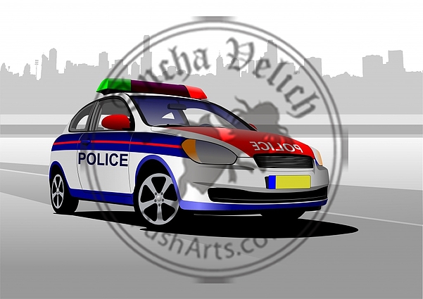Police car on city panorama background