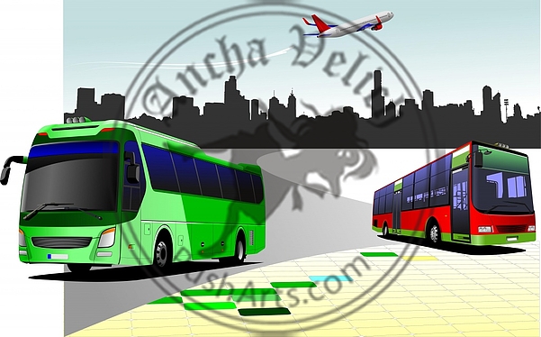 City panorama with two buses and plane images. Coach. Vector ill