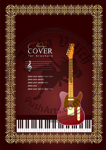 Gold ornament on brown background with guitar image.