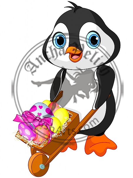 Penguin with Easter wheelbarrow