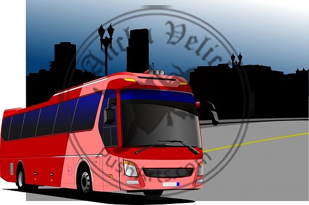 City panorama with tourist bus image. Coach. Vector illustration