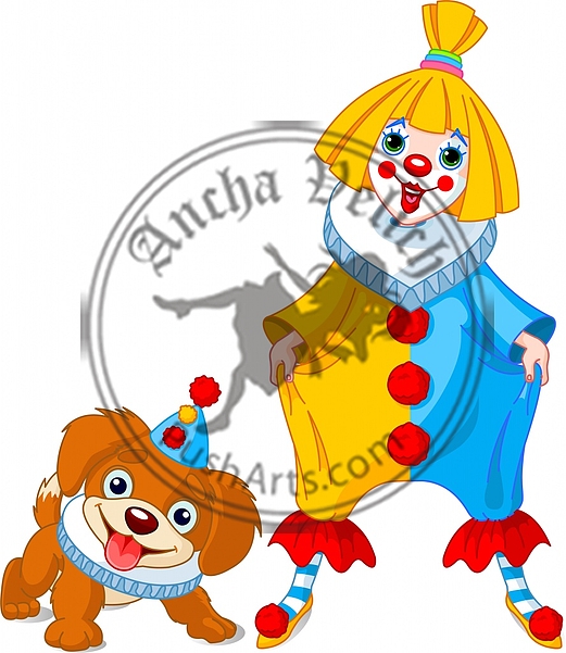 Funny Clown Girl and Clown Dog