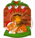 Christmas Kitten Sleeping near Fireplace