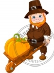 Cute pilgrim with wheelbarrow