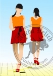 Two girls walking along the street. Colored Vector illustration