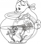Kitten and fish. Coloring page