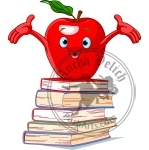Apple character on pile of books