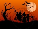 Halloween background with silhouettes of trick or treating child