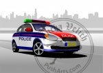 Police car on city panorama background